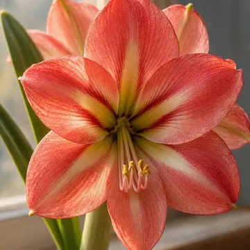 Coral amaryllis flower in ceramic vase on wooden windowsill with soft sunlight