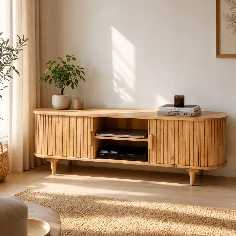 A wooden media console with slatted doors holds electronics and books under sunlight in a cozy living room