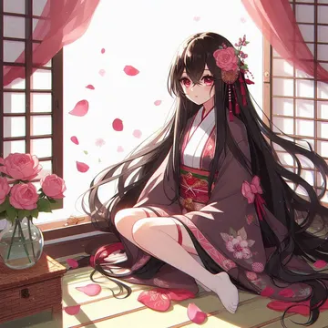 A young anime girl in a pink floral kimono sits on a wooden floor near a window with falling rose petals