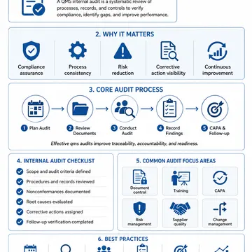 Infographic explaining internal audit of quality management system with steps and best practices