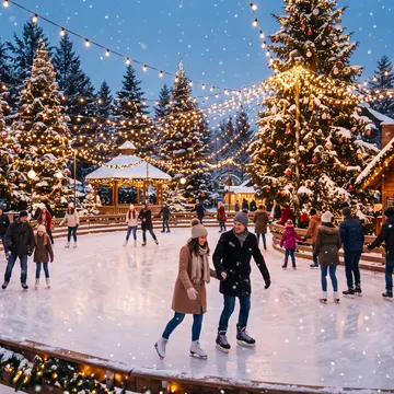 People are ice skating at a festive outdoor rink decorated with illuminated Christmas trees and string lights, surrounded by snow-covered wooden cabin