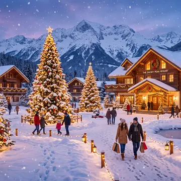 A festive winter scene at a snow-covered resort with illuminated Christmas trees, people walking in the snow, and snow-capped mountains in the backgro