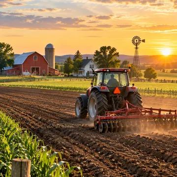 Red tractor plowing field at golden sunset near barn and windmill