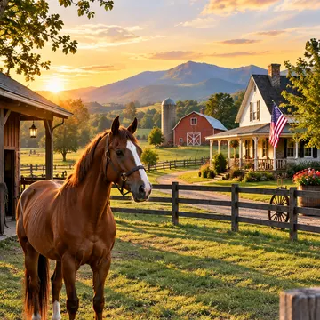 A chestnut horse with white markings stands in a grassy field near a wooden fence with a farmhouse and red barn in the background under a golden sunse