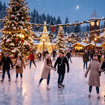 People are ice skating at a festive winter village with decorated Christmas trees, illuminated buildings, and a crescent moon in the sky