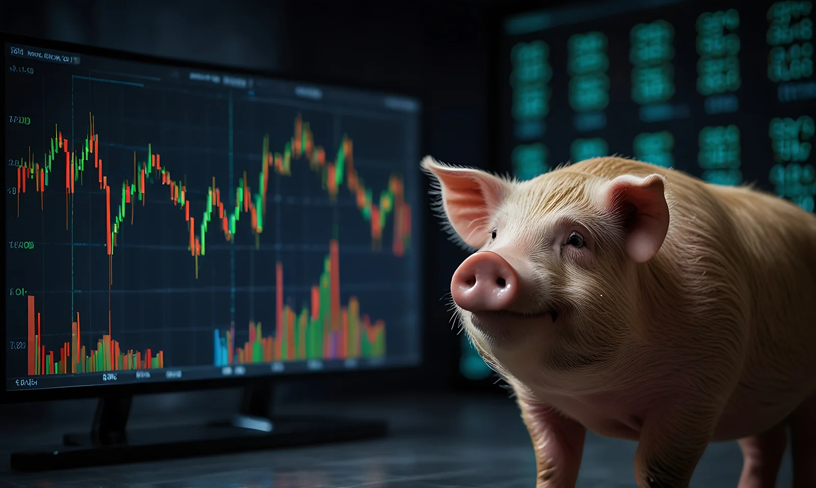 A pig stands in front of a computer monitor displaying financial stock charts, with another screen showing data in the background