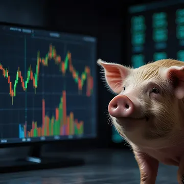 A pig stands in front of a computer monitor displaying financial stock charts, with another screen showing data in the background