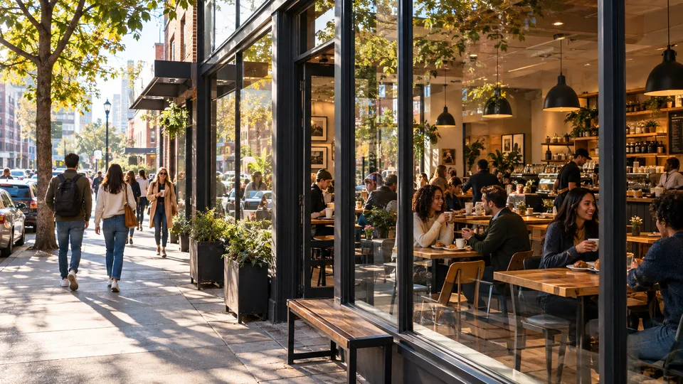 People walking past a modern cafe with patrons enjoying coffee inside through large glass windows