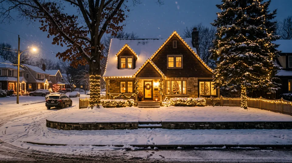 A snow-covered suburban house decorated with Christmas lights and a wreath on the door, with a snow-laden tree and a parked car visible in the foregro