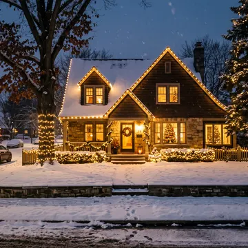 A snow-covered suburban house decorated with Christmas lights and a wreath on the door, with a snow-laden tree and a parked car visible in the foregro