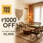 Modern living room with wooden furniture green cushions and macrame wall hanging