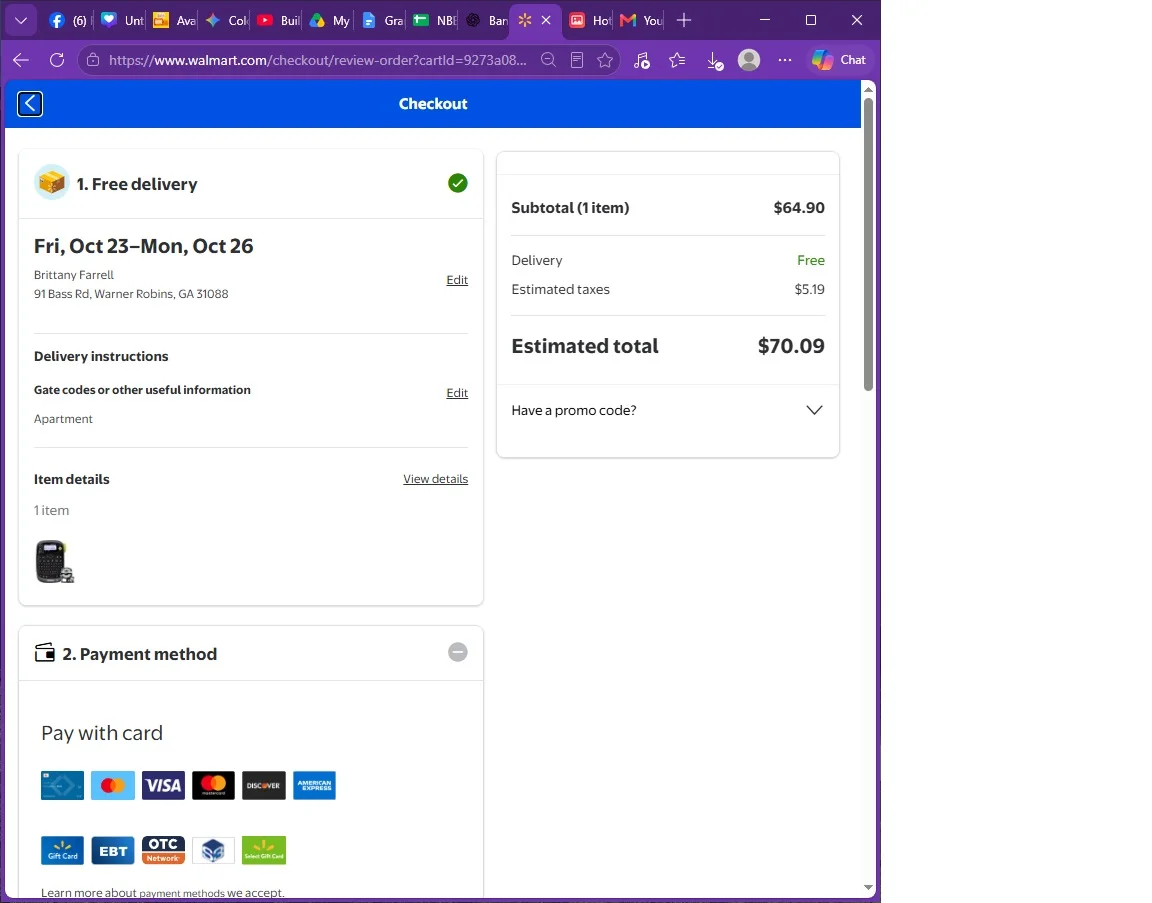 Walmart checkout screen displaying delivery info and payment methods for a $70.09 order