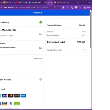 Walmart checkout screen displaying delivery info and payment methods for a $70.09 order