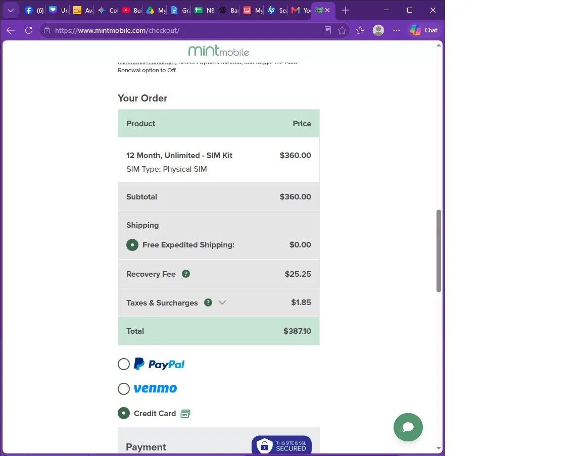 Mint Mobile checkout screen showing order total and payment options