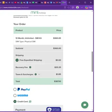 Mint Mobile checkout screen showing order total and payment options