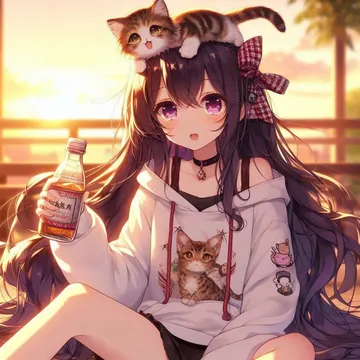 Anime girl in hoodie holding bottle with kitten on head at sunset
