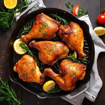 A top-down view of roasted chicken legs in a black cast-iron skillet, garnished with lemon slices and fresh herbs, set on a dark wooden surface with a