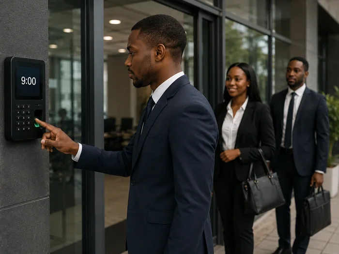 Man in suit scans finger on access panel at 9:00 as colleagues wait outside office building