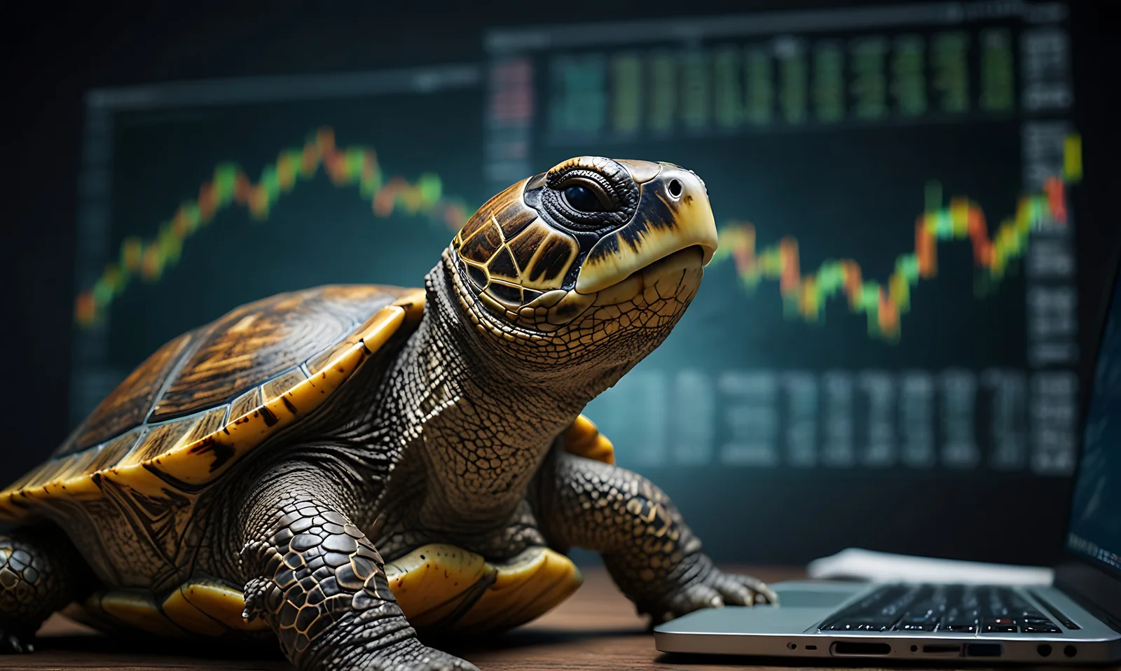 A realistic-looking turtle figurine sits on a desk in front of a laptop, with a stock chart visible on a screen in the background