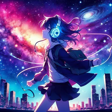 Anime girl in school uniform dancing with glowing headphones under a cosmic city sky