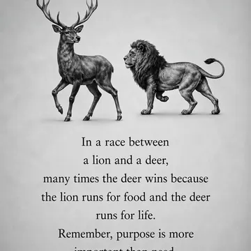 A deer and lion facing each other with a quote about purpose versus need