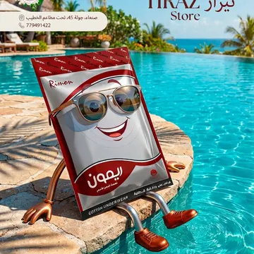 Cartoon Rimon underwear package lounging by a pool with sunglasses and legs