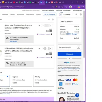 HP online shopping cart with two printer items and checkout options on a web browser
