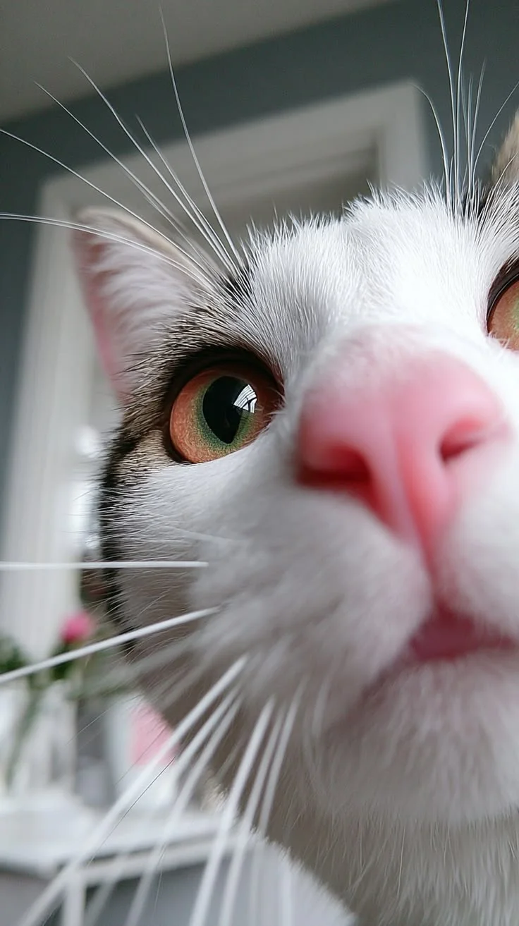 A white cat with green eyes and pink nose looking up curiously at the camera