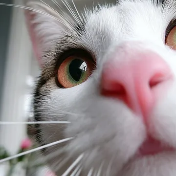A white cat with green eyes and pink nose looking up curiously at the camera
