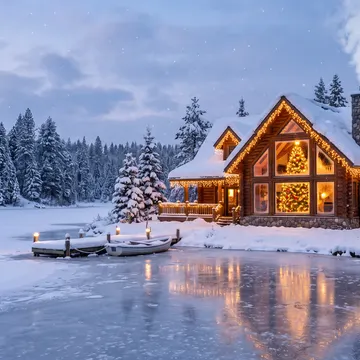 A snow-covered log cabin with warm lights and a decorated Christmas tree inside, situated on the edge of a frozen lake with snow-laden pine trees in t
