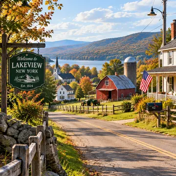 A scenic autumn road in Lakeview New York with a red barn church and lake view