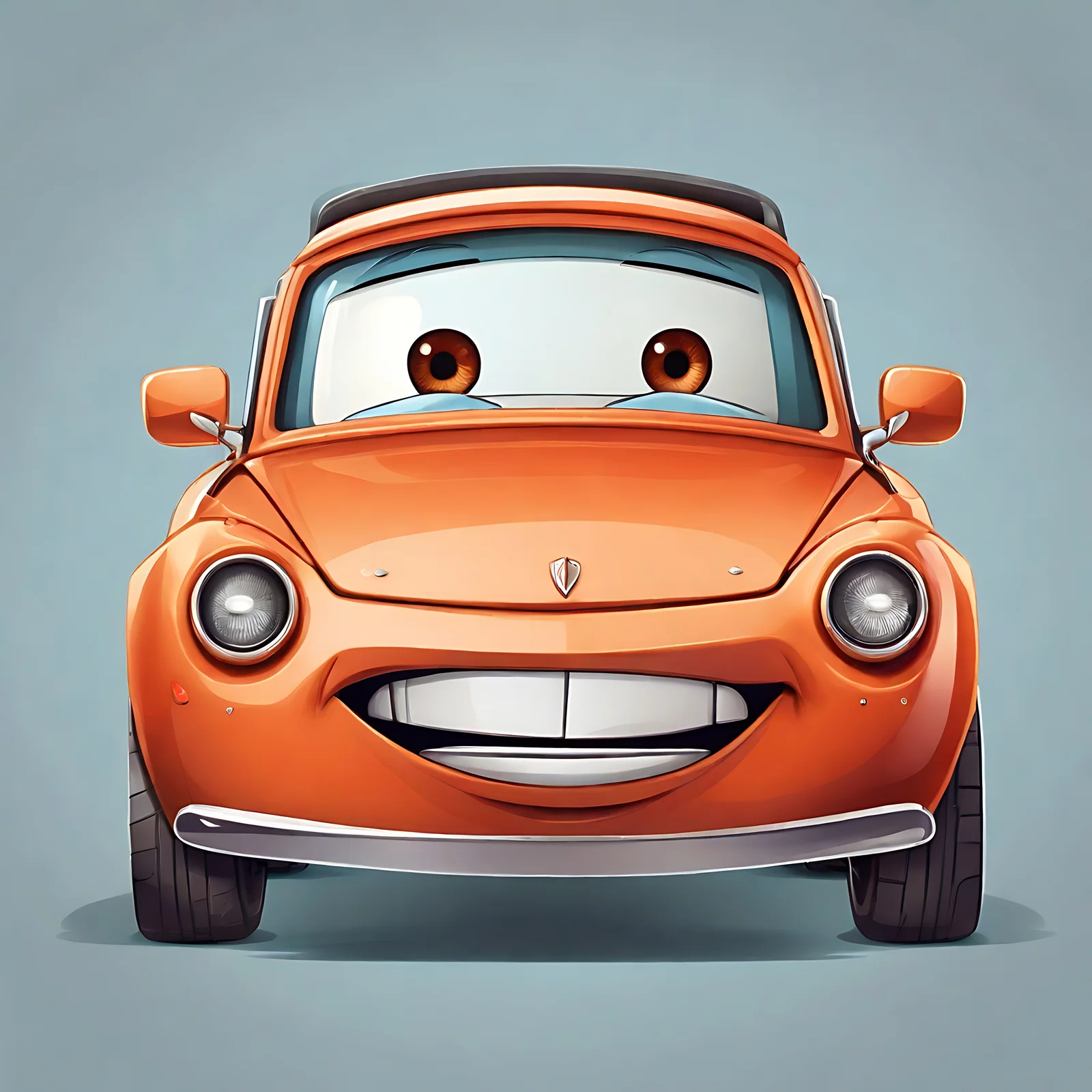 A cartoon-style orange car with a smiling face, large eyes, and a silver bumper, set against a plain gray background