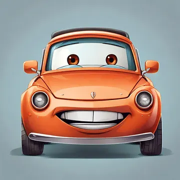 A cartoon-style orange car with a smiling face, large eyes, and a silver bumper, set against a plain gray background