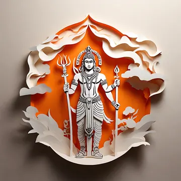 A paper-cutout artwork depicts a Hindu deity, likely Shiva, holding a trident and a sword, surrounded by stylized flames and clouds against an orange