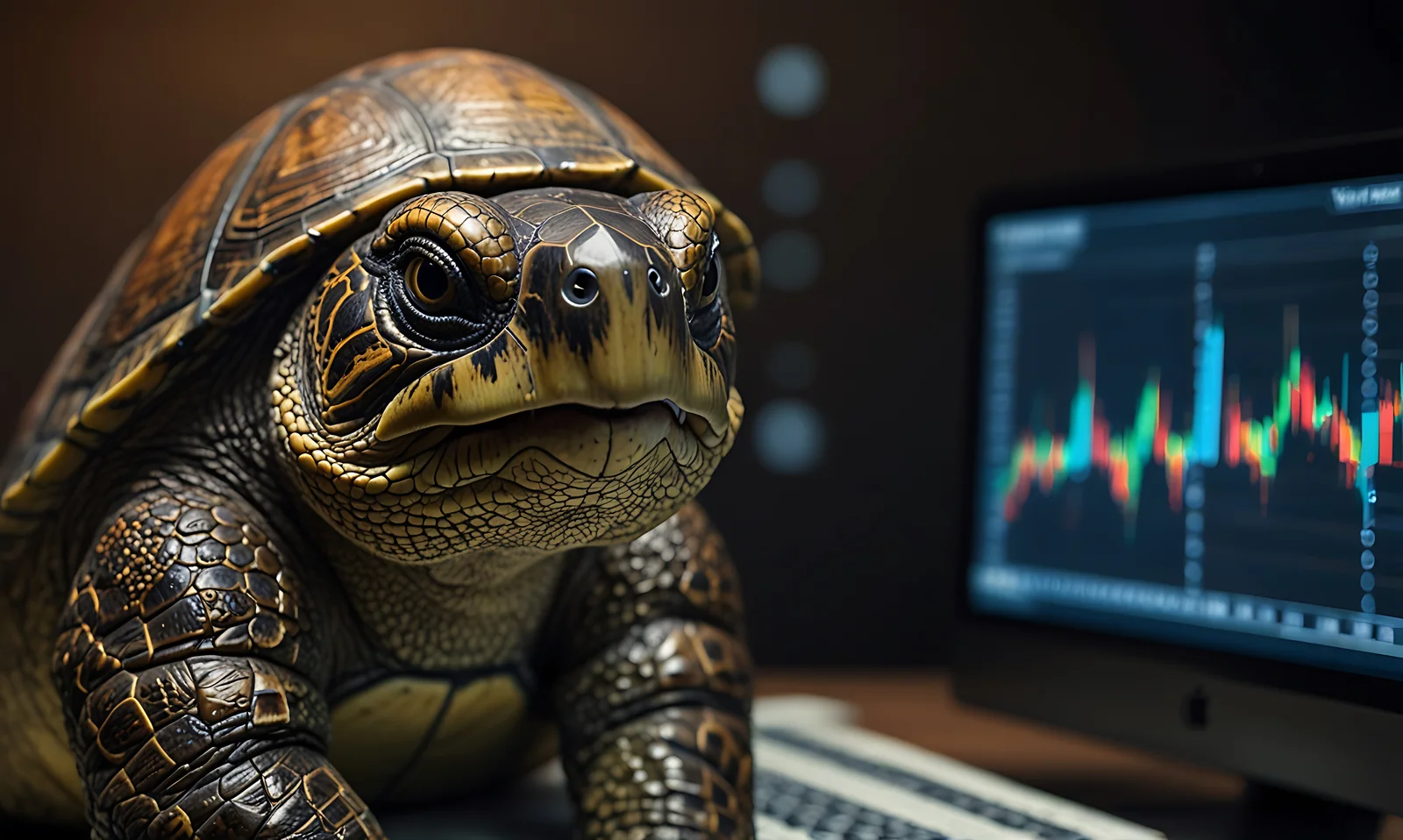 A detailed, stylized turtle figurine sits on a desk next to a computer monitor displaying a colorful financial chart