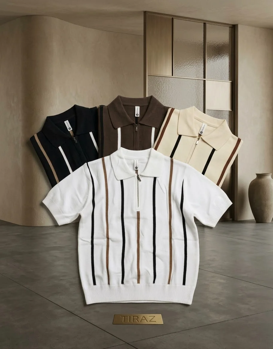 Four striped knit polo shirts displayed on a modern tiled floor with a vase and beige wall