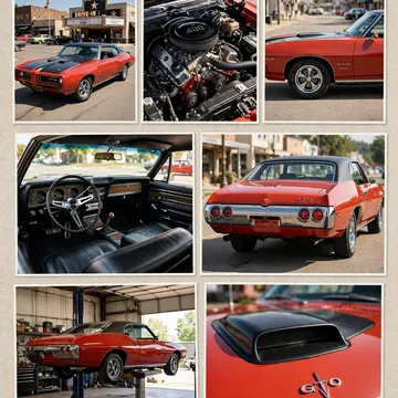 A red classic Pontiac GTO displayed in various views including engine interior and garage setting