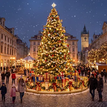 A festive Christmas market at night with a large decorated tree, people walking around, and historic buildings illuminated by lights