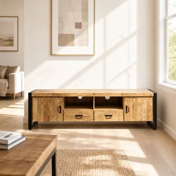 Rustic wooden media console with black metal legs and handles in a sunlit living room