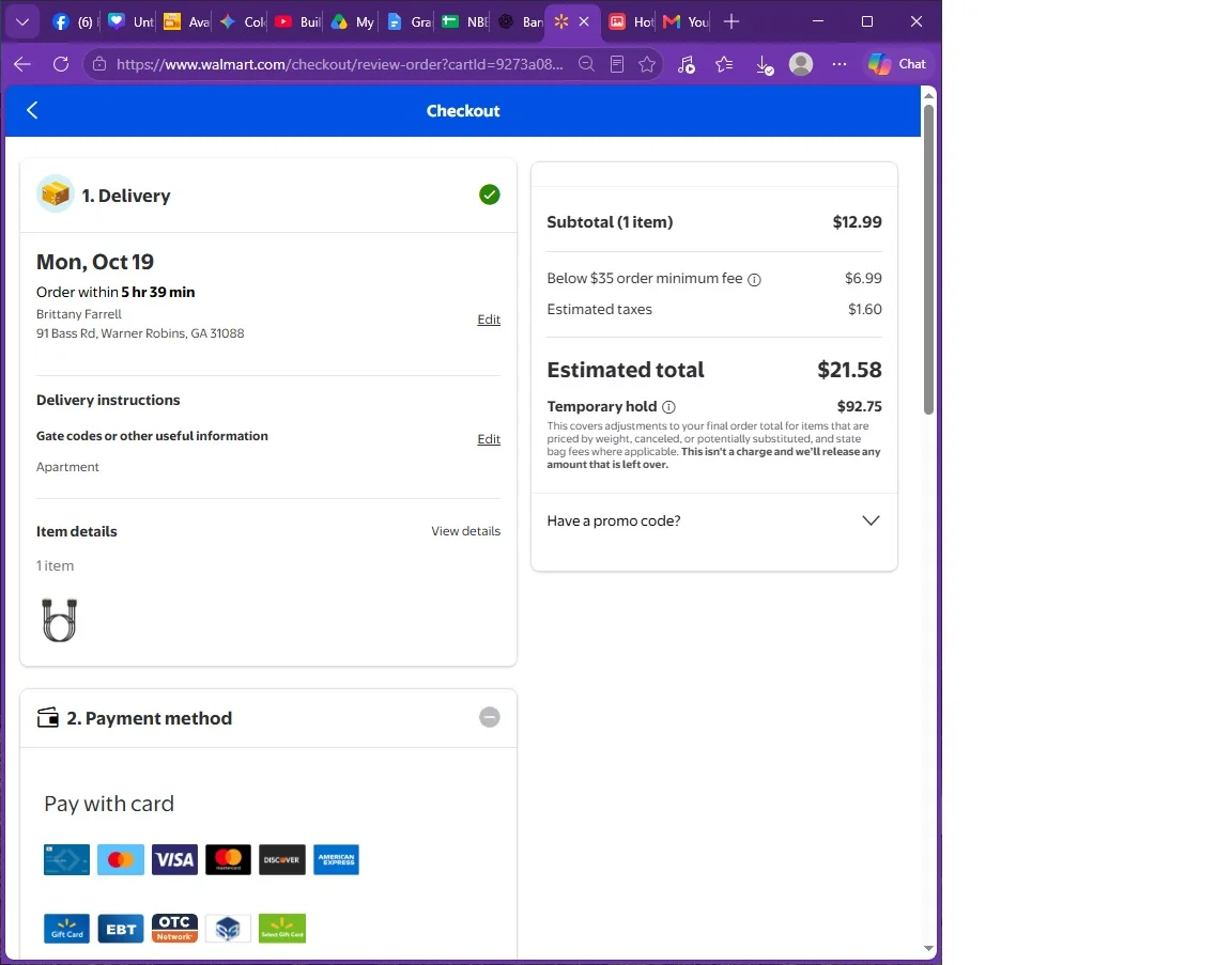 Walmart checkout screen displaying delivery info and payment methods for an order totaling $21.58