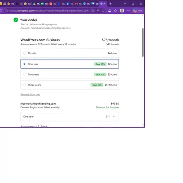 WordPress.com checkout page showing business plan and domain registration pricing options