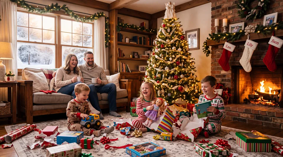 A family of five is gathered in a warmly lit living room decorated for Christmas, with a lit tree, fireplace, and presents scattered on the floor