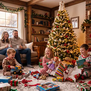A family of five is gathered in a warmly lit living room decorated for Christmas, with a lit tree, fireplace, and presents scattered on the floor