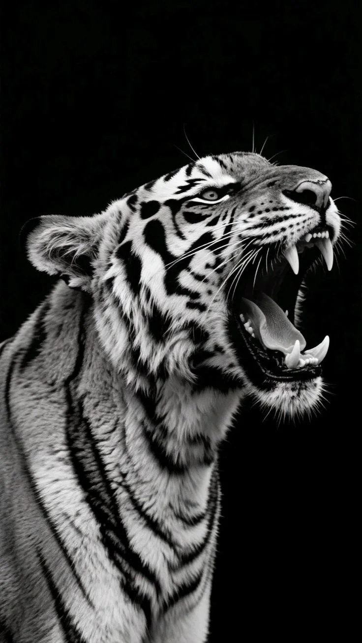 A tiger roaring with mouth open showing teeth and whiskers against black background