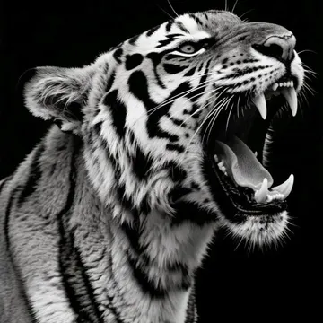 A tiger roaring with mouth open showing teeth and whiskers against black background
