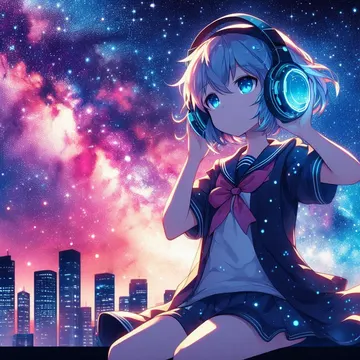 Anime girl in sailor uniform wearing glowing headphones against a starry city night sky