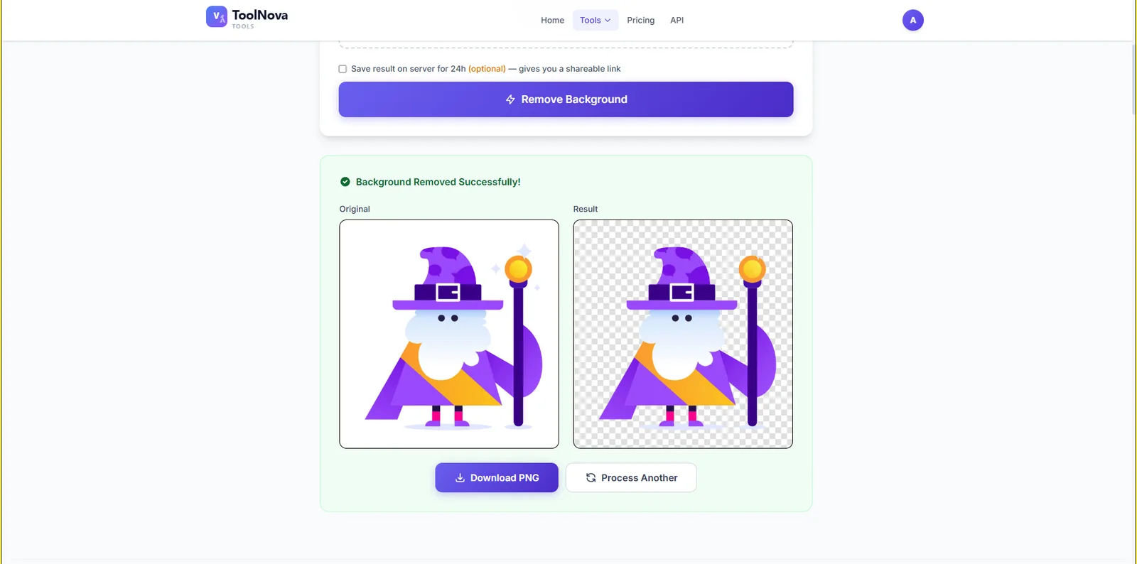 A screenshot of a website showing a cartoon witch with a purple hat and cape, with a 'Background Removed Successfully!' message and a download button