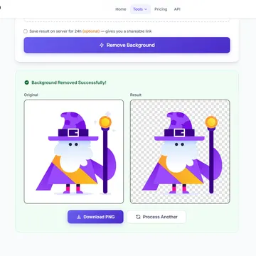 A screenshot of a website showing a cartoon witch with a purple hat and cape, with a 'Background Removed Successfully!' message and a download button