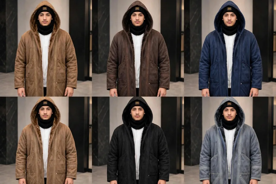 A man wearing six different colored hooded shearling coats in a studio setting