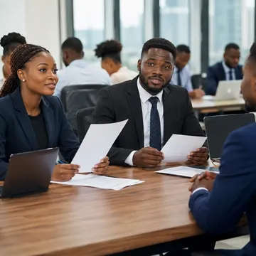 Three business professionals reviewing documents at a wooden conference table in a modern office